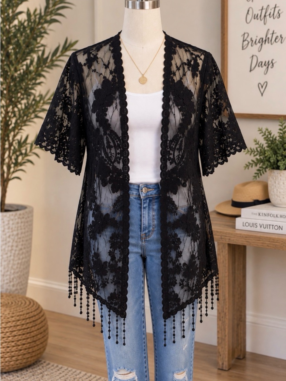 Black Lace Kimono Cardigan - Elegant Sheer Cover-Up